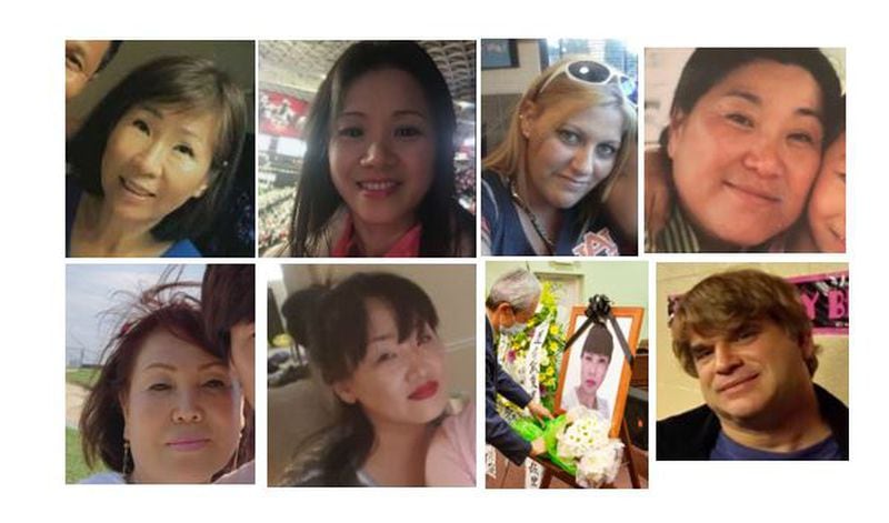 Yong Ae Yue (clockwise from top left), Xiaojie “Emily” Tan, Delaina Ashley Yaun Gonzalez, Suncha Kim, Paul Andre Michels, Daoyou Feng, Hyun Jung Grant and Soon Chung Park were killed in three metro Atlanta businesses. 