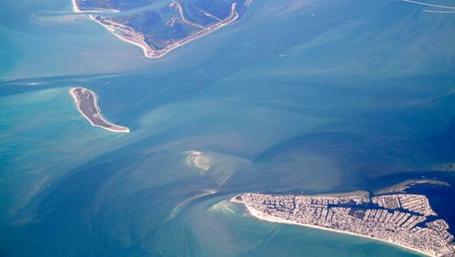 An aerial view of the  Gulf of Mexico off the coast of Louisiana. Scientists believe a majority of the nitrogen and phosphorus pollution that causes dead zones in the Gulf flows down the Mississippi River.
