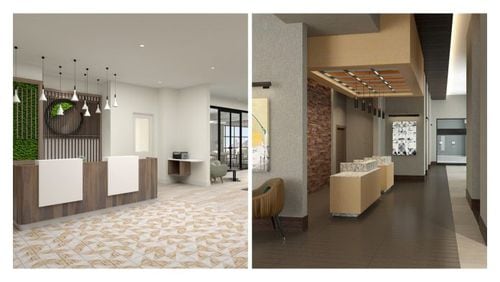 The Courtyard by Marriott Atlanta Midtown (right) will feature clean, casual décor and communal lobby spaces while The Element by Westin Atlanta Midtown will feature a nature-inspired motif. CONTRIBUTED