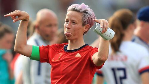 U.S. co-captain Megan Rapinoe reacts after the 2019 FIFA Women's World Cup France Round Of 16 match between Spain and USA at Stade Auguste Delaune on June 24, 2019 in Reims, France.