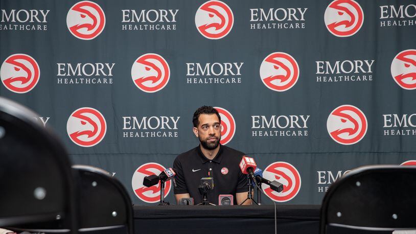 Hawks General Manager Landry Fields addresses reporters questions at the team’s practice facility Wednesday, Feb 22, 2023 at the team’s practice facility after it was announced he made the decision to fire Head Coach Nate McMillan.  (Jenni Girtman for The Atlanta Journal-Constitution)
