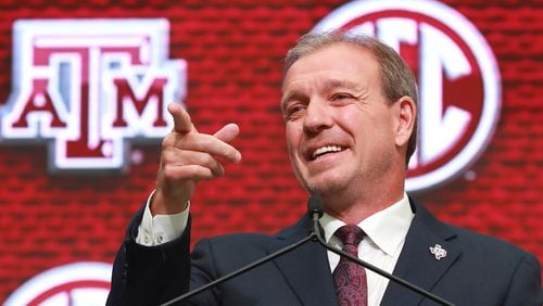 Texas A&M coach Jimbo Fisher holds his SEC Media Days news conference at the College Football Hall of Fame on Monday, July 16, 2018, in Atlanta. Fisher told his players they needed to get tougher at the first meeting with his new team.    Curtis Compton/ccompton@ajc.com