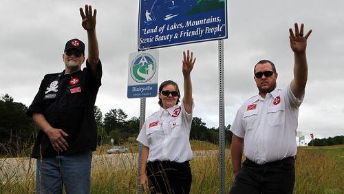 Members of the International Keystone Knights of the Ku Klux Klan on Ga. 515 in north Georgia where they want to pick up trash. State officials turned them down because they don't want to erect signs noting the Klan "adopted" that portion. AP Photo