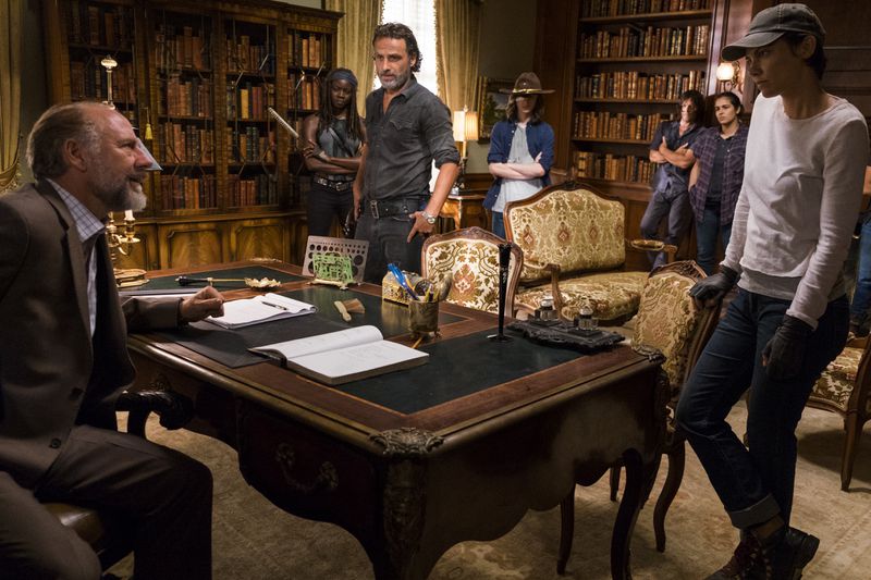  Xander Berkeley as Gregory, Danai Gurira as Michonne, Andrew Lincoln as Rick Grimes, Chandler Riggs as Carl Grimes, Norman Reedus as Daryl Dixon, Alanna Masterson as Tara Chambler, Lauren Cohan as Maggie Greene, Sonequa Martin-Green as Sasha Williams - The Walking Dead _ Season 7, Episode 9 - Photo Credit: Gene Page/AMC