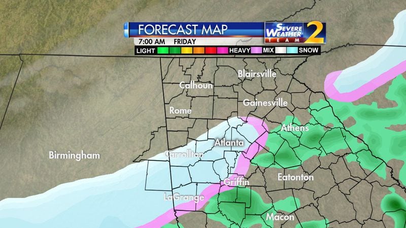 Weather models indicate the wintry mix could impact the Friday morning commute in metro Atlanta. (Credit: Channel 2 Action News)