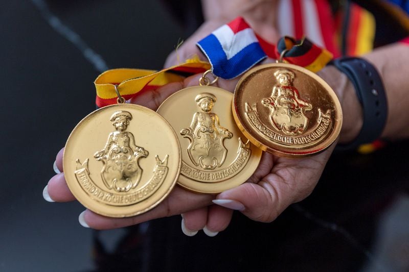 A view of International Culinary Olympics medals won by Deborah Evans’ late husband chef Darryl Evans at her home in Stone Mountain on Thursday, February 15, 2024. (Arvin Temkar / arvin.temkar@ajc.com)