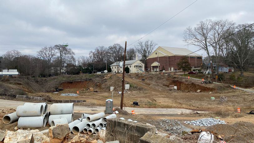 An Image of Obxo Road in Roswell where major construction work to realign the street has stopped in 2021.