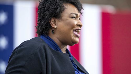 Former Democratic Georgia Gubernatorial candidate Stacey Abrams received prolonged applause at Georgia Tech's Ferst Center for the Arts on Wednesday ahead of an appearance by Vice President Kamala Harris. (Alyssa Pointer/The Atlanta Journal-Constitution)