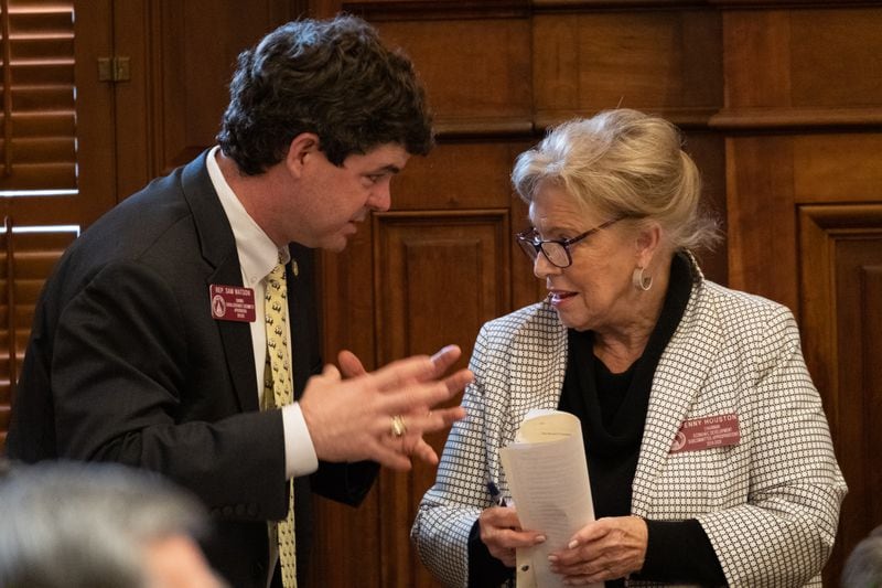 Former Georgia state Rep. Sam Watson (R-Moultrie) talks with Rep. Penny Houston (R-Nashville) on the House floor Thursday evening March 12, 2020. On Jan. 31, 2023, Watson won his bid to fill the state Senate seat formerly held by Sen. Dean Burke. (Ben Gray for the AJC)l