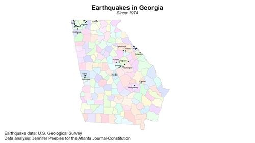 Earthquakes in Georgia since 1974. Data from the U.S. Geological Survey. Data analysis by Jennifer Peebles for the Atlanta Journal-Constitution.