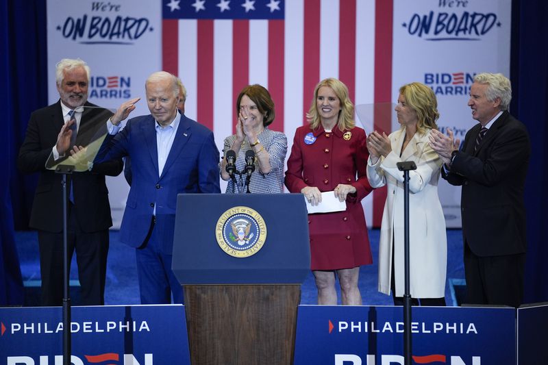 President Joe Biden salutes during a campaign event in Philadelphia, Thursday, April 18, 2024, with members of the Kennedy family. (AP Photo/Matt Rourke)