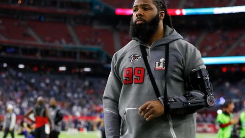 Falcons defensive end Adrian Clayborn looks on prior to Super Bowl 51 against the Patriots at NRG Stadium on February 5 in Houston, Texas.