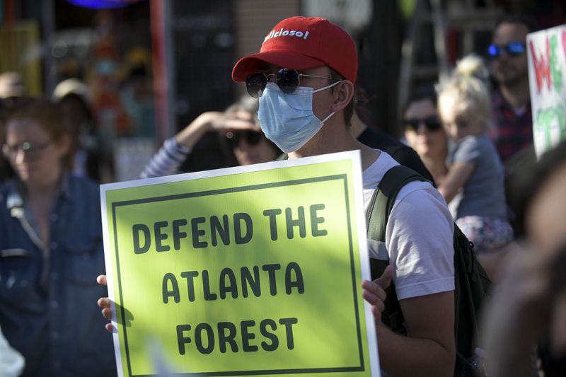 Atlanta resident Mark Hall attends the “stop cop city” protest Friday, Oct. 14, 2022 at Findley Plaza in Little Five Points. (Daniel Varnado/For the AJC)