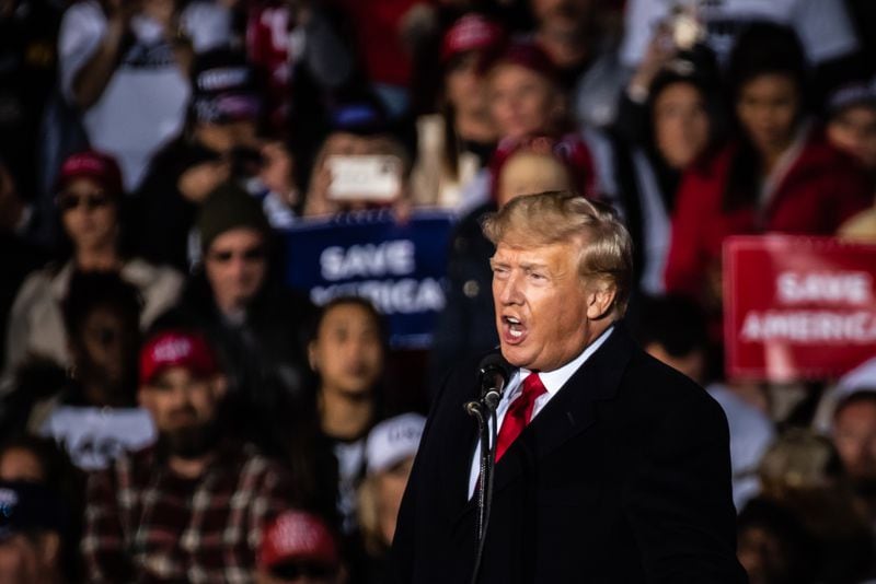 Former President Donald Trump speaks to supporters at a rally in Conroe, Texas, on Saturday, Jan. 29, 2022. Trump was more involved than previously known in exploring efforts to seize voting machines as he aimed to reverse the 2020 presidential election. (Meridith Kohut/The New York Times)