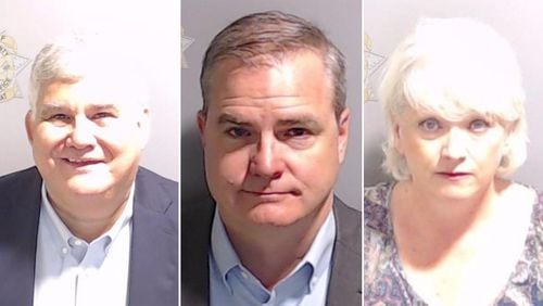 The booking photos for (l-r) former state Republican Party Chairman David Shafer, State Sen. Shawn Still (R-Norcross), and Cathleen Latham,  former chairwoman of the Coffee County Republican Party. All three were “alternative” electors who are charged in the sweeping racketeering prosecution in Fulton County. (Fulton County Sheriff's Office)