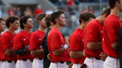 Georgia shortstop Cam Shepherd (7) closes his eyes for a moment during the national anthem before a baseball game between Georgia and Florida at Foley Field in Athens, Ga., on Friday, May 3, 2019. (Photo by Lauren Tolbert)