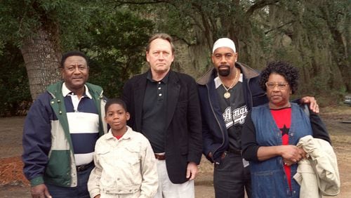 Fred Wilkins (left), Melvin King III, Colin Campbell, Melvin King Jr. and Geneva Jones — all descendants of Roswell King Sr. — gathered for the first time on the Georgia coast last weekend. (Photo courtesy of Randolph Jones Jr.)