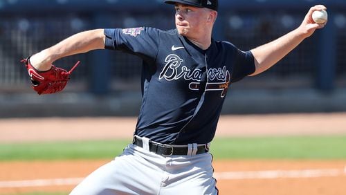 Atlanta Braves pitcher Sean Newcomb delivers against the Tampa Bay Rays during the third inning Sunday, Feb. 28, 2021, at Charlotte Sports Park in Port Charlotte, Fla. (Curtis Compton / Curtis.Compton@ajc.com)