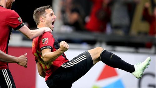 Atlanta United midfielder Kevin Kratz celebrates scoring the go ahead goal on a free kick for a 2-1 lead over the Montreal Impact during the second half in a MLS soccer game on Saturday, April 28, 2018, in Atlanta. Kratz scored two goals on free kicks during the second half to help win the match 4-1.   Curtis Compton/ccompton@ajc.com