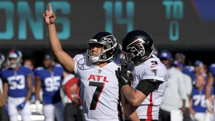 Falcons kicker Younghoe Koo (7) reacts after kicking the game-winning, 40-yard field goal in the closing seconds against the New York Giants, Sunday, Sept. 26, 2021, in East Rutherford, N.J. The Falcons won 17-14. (Bill Kostroun/AP)