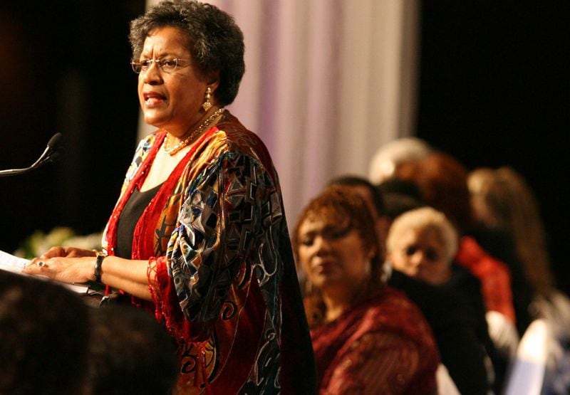 Civil rights activist Myrlie Evers-Williams pays tribute to her friend, Coretta Scott King, during the Salute to Greatness Awards Dinner, held at the Hyatt Regency in Atlanta, on January 13, 2007. (Mikki K. Harris /AJC staff)