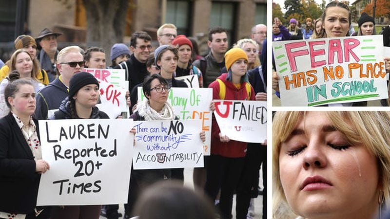 University of Utah students are seen during an Oct. 21, 2019, protest advocating for better security on the Salt Lake City campus. The protest was held on the eve of the first anniversary of the murder of student and track athlete Lauren McCluskey.