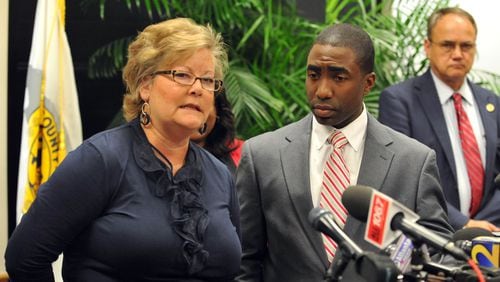 Commissioner Elaine Boyer and Interim DeKalb County CEO Lee May address a press conference Thursday, Aug. 22, 2013 on how the county plans to respond to the grand jury report on a yearlong investigation into allegations of bid rigging and kickbacks in DeKalb County contracts.