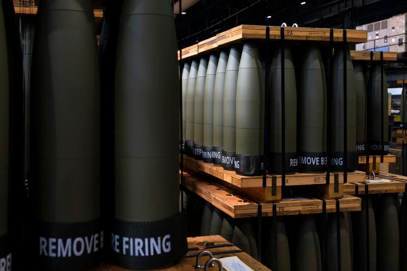 FILE -155 mm M795 artillery projectiles are stored for shipping to other facilities to complete the manufacturing process at the Scranton Army Ammunition Plant in Scranton, Pa., Thursday, April 13, 2023. The Pentagon could get weapons moving to Ukraine within days if Congress passes a long-delayed aid bill. That's because it has a network of storage sites in the U.S. and Europe that already hold the ammunition and air defense components that Kyiv desperately needs. Moving fast is critical, CIA Director Bill Burns said Thursday, April 18, 2024. (AP Photo/Matt Rourke, File)