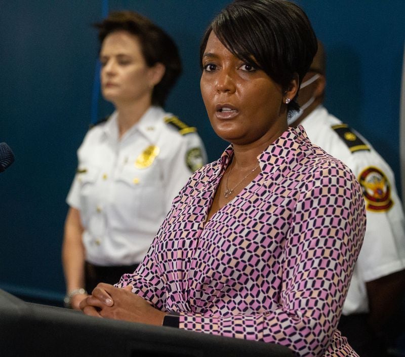 Atlanta Mayor Keisha Lance Bottoms and Atlanta Police Chief Erika Shields (left) announced the firing of two police officers at a press conferenc at the Atlanta Police Headquarters  on Sunday, May 31, 2020. (Photo: STEVE SCHAEFER FOR THE ATLANTA JOURNAL-CONSTITUTION)