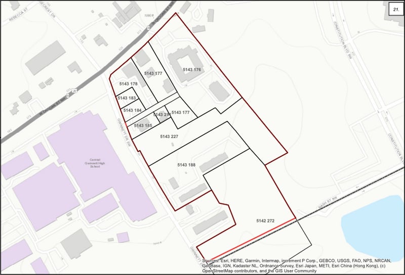 The properties that will make up the Central Block residential development. Lawrenceville City Council transferred these land parcels to the city's Downtown Development Authority during a Monday meeting. (Courtesy City of Lawrenceville)