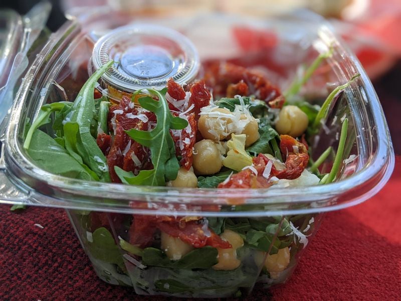The chickpea salad from Tuscany at Your Table is a satisfying mix of garbanzos, arugula, mixed field greens, Pecorino Toscano cheese and sun-dried tomatoes with a balsamic vinaigrette. Courtesy of Paula Pontes