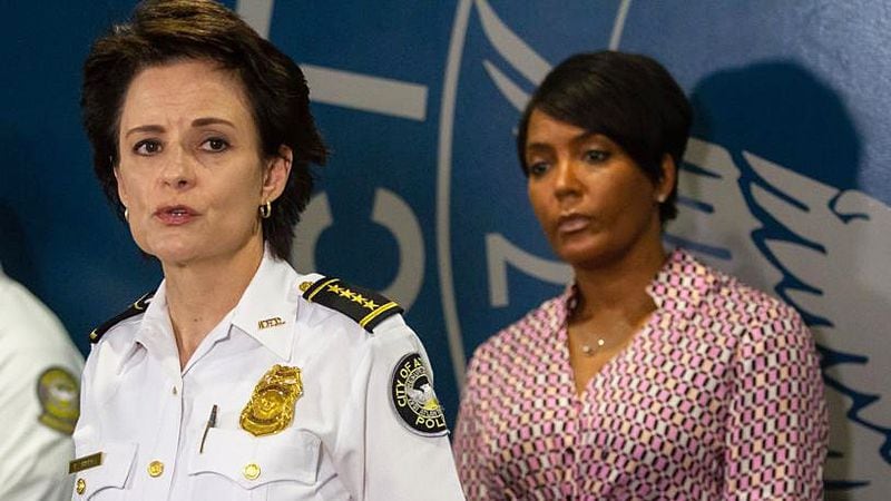 Atlanta Police Chief Erika Shields talks at a press conference while Mayor Keisha Lance Bottoms looks on. (STEVE SCHAEFER for The Atlanta Journal-Constitution)
