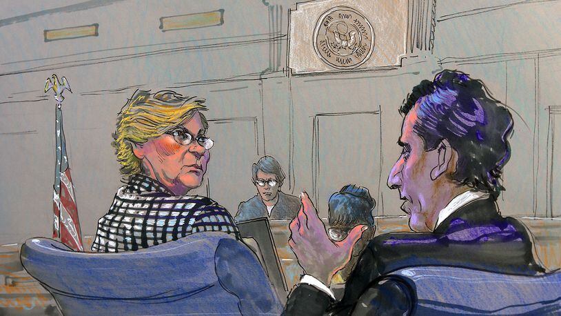 This rendering depicts the federal court appearance of DeKalb County Commissioner Elaine Boyer and her court-appointed attorney Jeff Brickman into questionable use of taxpayer dollars on Tuesday in Atlanta. Boyer waived indictment and said she would plead guilty to fraud.
