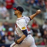 Braves starting pitcher Charlie Morton (50) throws a pitch to a Chicago Cubs batter during the first inning at Truist Park on Wednesday, May 15, 2024. (Arvin Temkar / AJC)