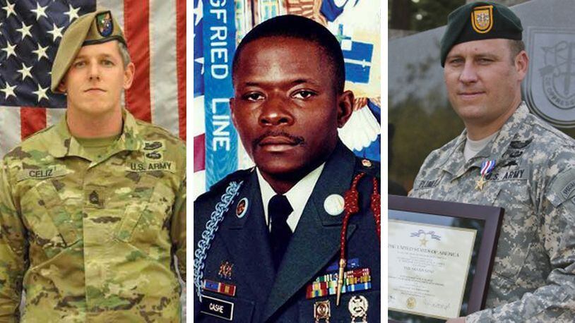 Sgt. 1st Class Christopher Celiz, Sgt. 1st Class Alwyn Cashe and Master Sgt. Earl Plumlee, left to right, will receive the Medal of Honor at a White House ceremony today. All three have Georgia connections. Cashe and Celiz are being honored posthumously. (Photo illustration by Isaac Sabetai)