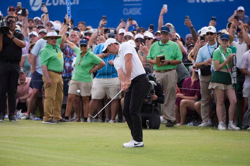 Rory McIlroy, of Northern Ireland, hits onto the 18th green during the final round of the PGA Zurich Classic golf tournament at TPC Louisiana in Avondale, La., Sunday, April 28, 2024. (AP Photo/Gerald Herbert)