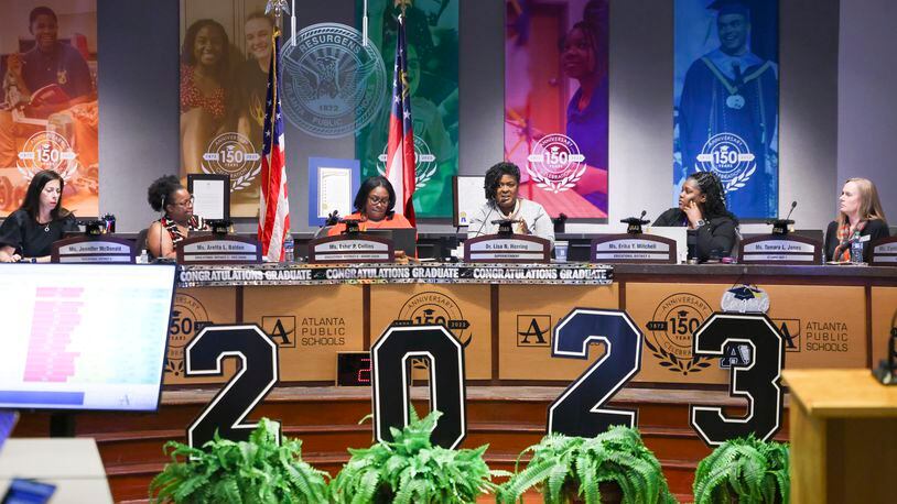 The Atlanta School Board discusses the preliminary budget during a work session at Atlanta Public Schools, Monday, May 1, 2023, in Atlanta. (Jason Getz / Jason.Getz@ajc.com)