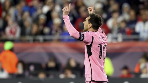 Inter Miami forward Lionel Messi reacts after scoring in the first half of an MLS soccer match against the New England Revolution, Saturday, April 27, 2024, in Foxborough, Mass. (AP Photo/Mark Stockwell)