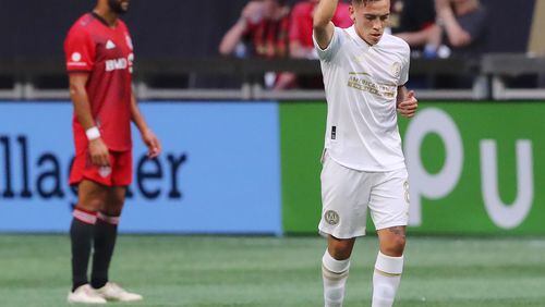 081821 Atlanta: Atlanta United midfielder Ezequiel Barco reacts to scoring the only goal of the match for a 1-0 victory over Toronto FC during the first half in a MLS soccer match on Wednesday, August 18, 2021, in Atlanta.   “Curtis Compton / Curtis.Compton@ajc.com”
