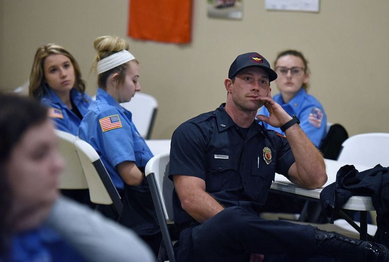Josh Bryan, center, with Carrollton Fire Department, sits with a group of prospective medics at Faithful Guardian Training Center in Temple on Wednesday, January 15, 2020. (Hyosub Shin / Hyosub.Shin@ajc.com)