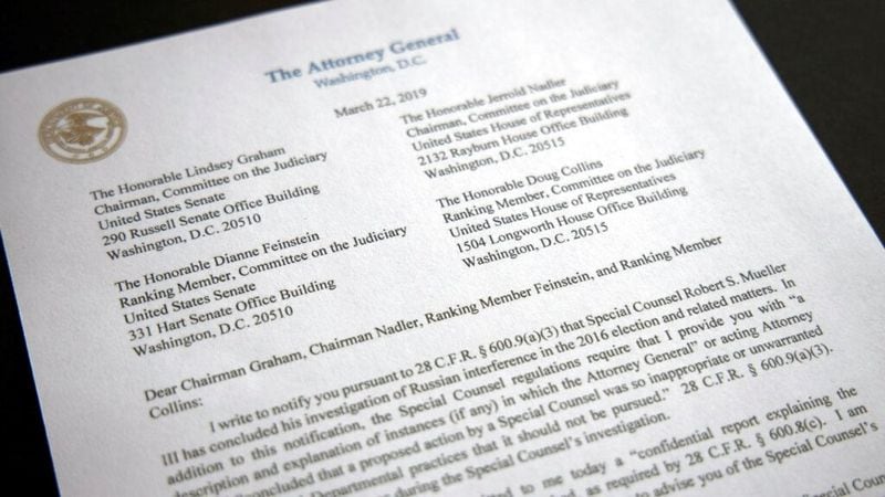 A copy of a letter from Attorney General William Barr advising Congress that Special Counsel Robert Mueller has concluded his investigation, is shown Friday, March 22, 2019 in Washington. Robert Mueller on Friday turned over his long-awaited final report on the contentious Russia investigation that has cast a dark shadow over Donald Trump's presidency, entangled Trump's family and resulted in criminal charges against some of the president's closest associates. (AP Photo/Jon Elswick)