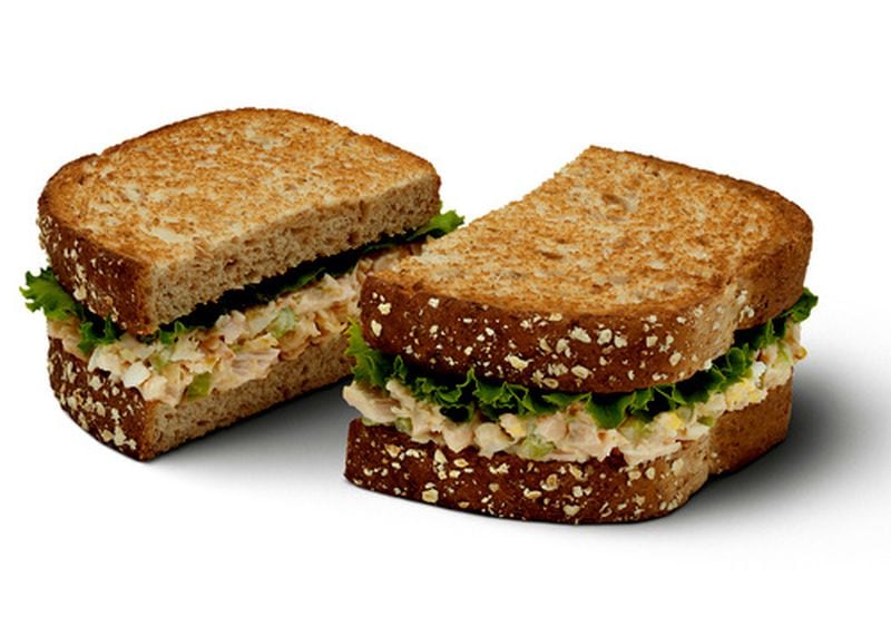 The revised chicken salad sandwich is the same as the original recipe, but the chicken is cut in bigger pieces and served on wheatberry bread with green leaf lettuce. It also has been elevated to the main menu as a meal option.