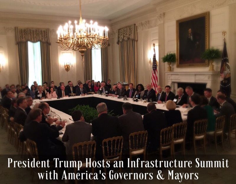 President Donald Trump, DeKalb Commissioner Nancy Jester, Cabinet members, governors and local elected officials  participated in a meeting about improving the nation's infrastructure in the White House on Thursday, June 8, 2017. Photo credit: White House Press Office