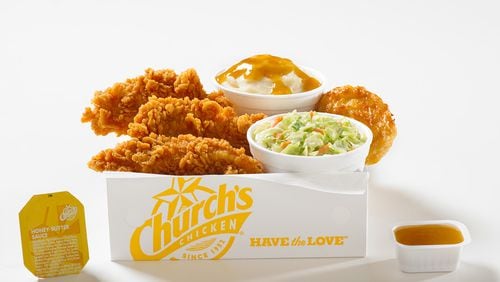 Honey-butter biscuit battered chicken tenders are available for a limited time at Church's Chicken. Sides like cole slaw and mashed potatoes are available for purchase too. Photo credit: Ink Link Marketing.