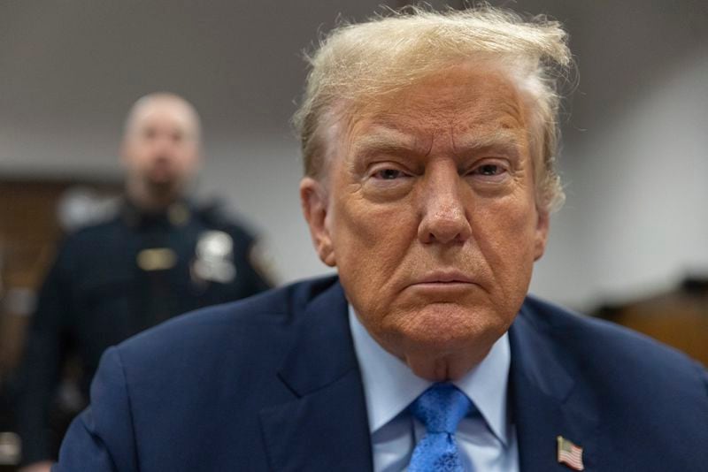 Former President Donald Trump appears at Manhattan criminal court before his trial in New York, Friday, April 26, 2024. (Jeenah Moon/Pool Photo via AP)