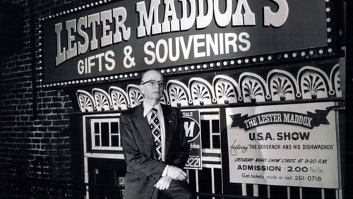 Former governor Lester Maddox in from of his souvenir store in Underground Atlanta. AJC file photo