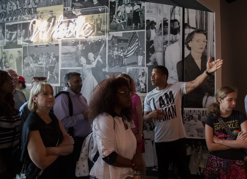 Lee Jenkins, the pastor of Eagles Nest Church, talks with members of his church and members of the Roswell Community Church about his personal experience with the Civil Rights Movement during a trip to the National Center for Civil and Human Rights on Saturday, June 10, 2017. STEVE SCHAEFER / SPECIAL TO THE AJC