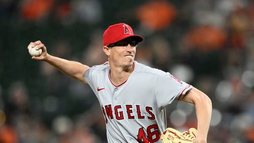 Los Angeles Angels relief pitcher Jimmy Herget (46) in action during a baseball game against the Baltimore Orioles, Tuesday, May 16, 2023, in Baltimore. (AP Photo/Nick Wass)