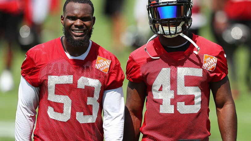 June 13, 2017, Flowery Branch: Falcons linebackers LaRoy Reynolds (left) and Deion Jones finish the first day of mini-camp on Tuesday, June 13, 2017, in Flowery Branch. Curtis Compton/ccompton@ajc.com