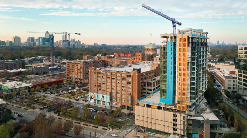 Construction continues on Signal House, a luxury active adult residential tower at Ponce City Market in Atlanta. Image courtesy of Jamestown.